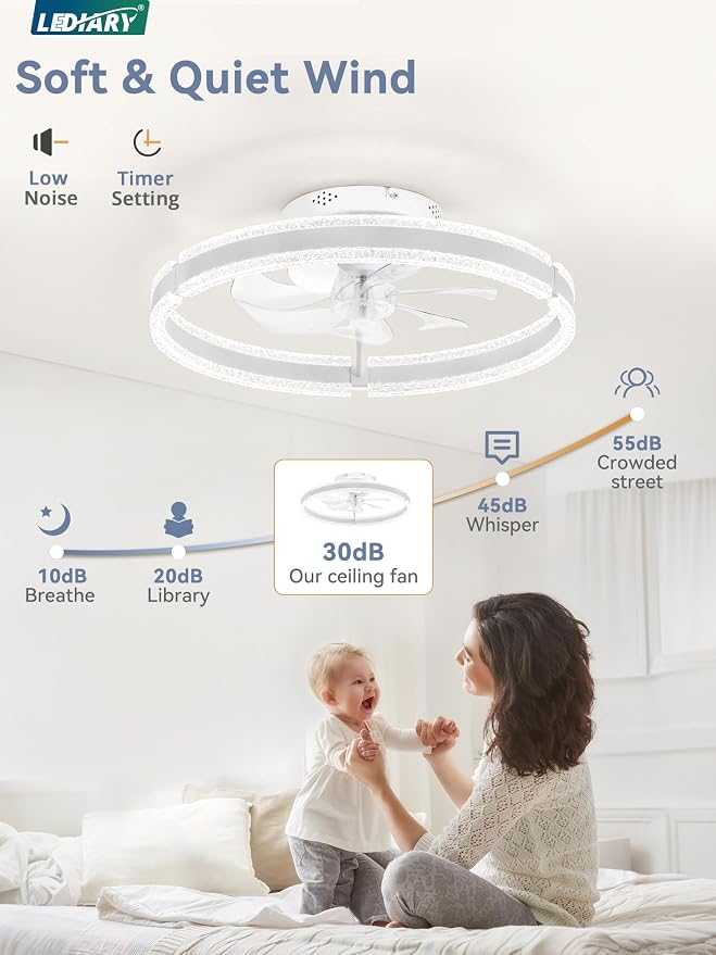 LEDIARY Ceiling Fans with Lights and Remote, 20'' Low Profile Ceiling Fan with Light, 3000-6000K Dimmable Fandelier Ceiling Fans, Modern Flush Mount Fan Light for Bedroom with 6 Wind Speeds- White