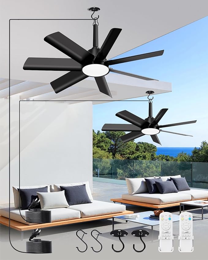 LANMEL Outdoor Gazebo Ceiling Fan with Light and Remote, 28 Inch, Black | Plug-In, IP65 Waterproof, Hanging with Hook, 6 Speed, Reversible, 3CCT, Dimmable, Portable, for Patio,Canopy,Porch,RV, 2 Pack
