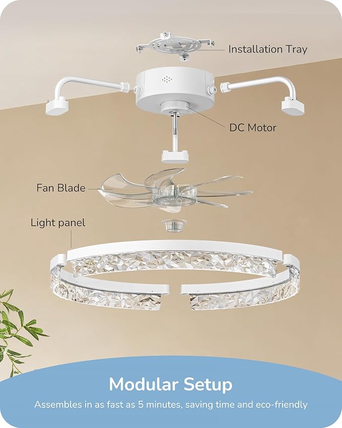 EDISHINE 20'' Ceiling Fans with Lights and Remote, Low Profile Flush Mount Fandelier, 3000-6000K Dimmable, 6 Speeds, DC Motor, LED Modern Bladeless Fan Light for Bedroom, Living Room, White