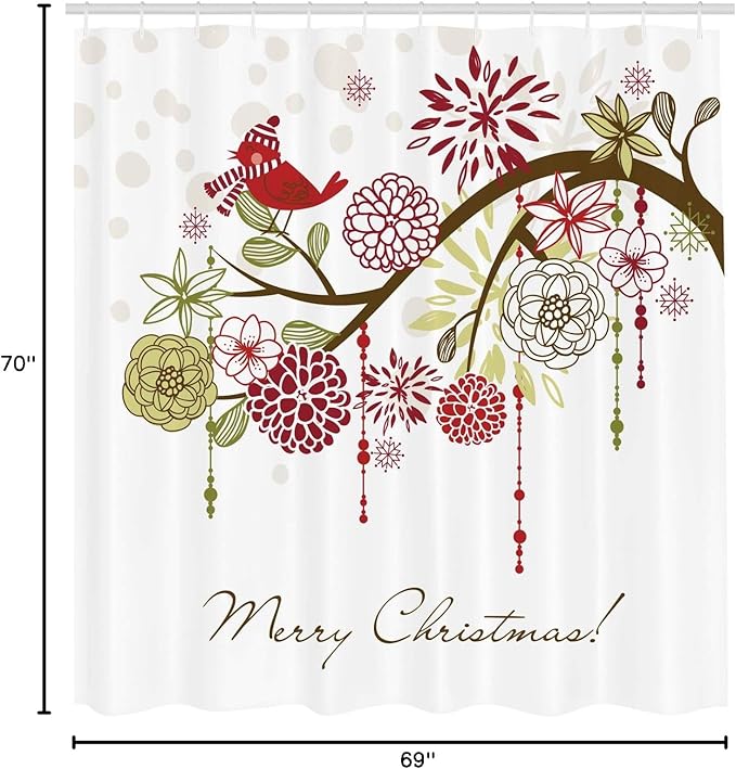 Ambesonne Christmas Shower Curtain, Floral Winter Red Bird Hat and Scarf on Blooming Tree Nature Inspired, Cloth Fabric Bathroom Decor Set with Hooks, 69" W x 70" L, Green White