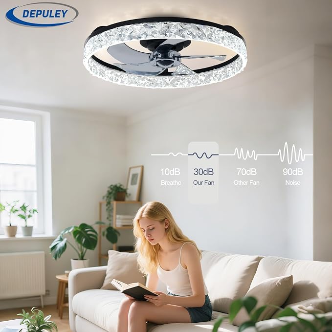 Depuley Bladeless Ceiling Fans with Lights: Full Package 20" Black Modern Low Profile Flush Mount Ceiling Fan with App&Remote - Bedroom Enclosed Crystal Fandelier for Apartment Loft Kitchen
