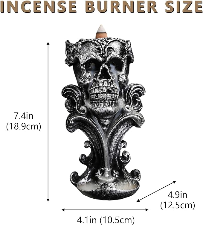 Comeon Backflow Incense Holder Burner Resin Skull Incense Burner Waterfall Incense Burner Home Decor + 20 Backflow Incense Cones + 30 Incense Sticks +1 Tweezer +1 Mat（Metallic Silver）