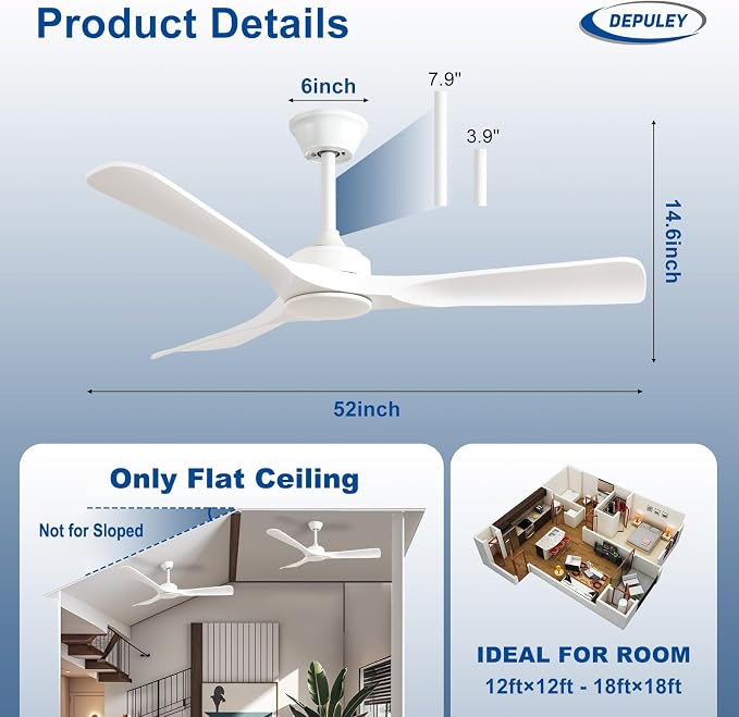 Depuley Ceiling Fan Without Light: 52 Inch 3 Blade Outdoor Fans for Patios - White Fandelier Ceiling Fan No Light Indoor Remote Control Ultra Quiet DC Motor Reversible 6 Speed