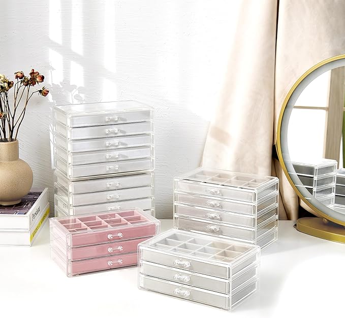 ProCase Earring Holder Organizer Jewelry Box with 10 Drawers, Acrylic Clear Earring Case with Adjustable Velvet Trays for Women - Pink, 10 Layers