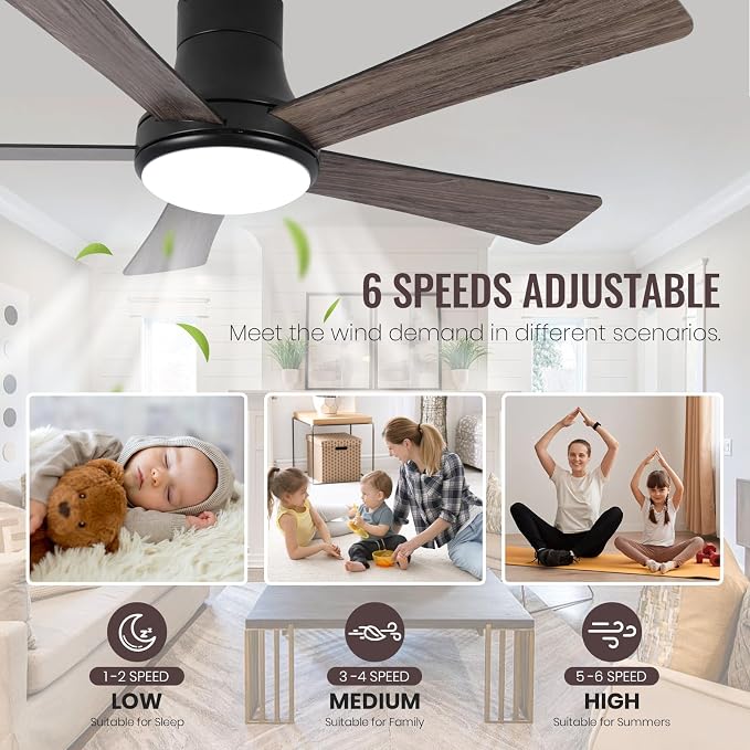 52 Inch Ceiling Fans with Lights and Remote, Flush Mount Black Ceiling Fan, 5 Blades, Dimmable, Reversible Motor, 3-Color Temperatures, 6 Speeds for Bedroom, Living Room, Patio