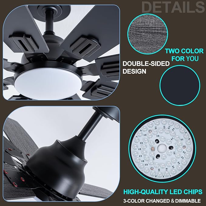 Coolwind 62in Large Outdoor Ceiling Fan, Display Remote&APP Control, Black 8 Blade Quiet Ceiling Fan, 8 Speeds, Dimmable, Timer, DC Reversible Motor, Double Sided Blade for Patio, Bedroom