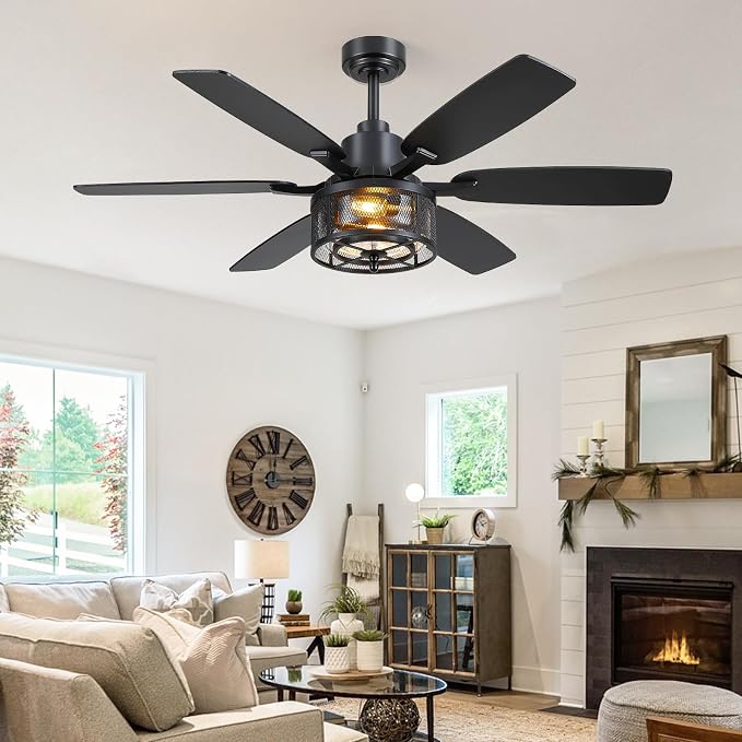 Hounberi 52" Farmhouse Ceiling Fans with Lights and Remote, Black Industrial Caged Ceiling with Seeded Glass, 6-Speed Reversible Quiet DC Motor, Black Ceiling Fan with Light for Living Room Kitchen