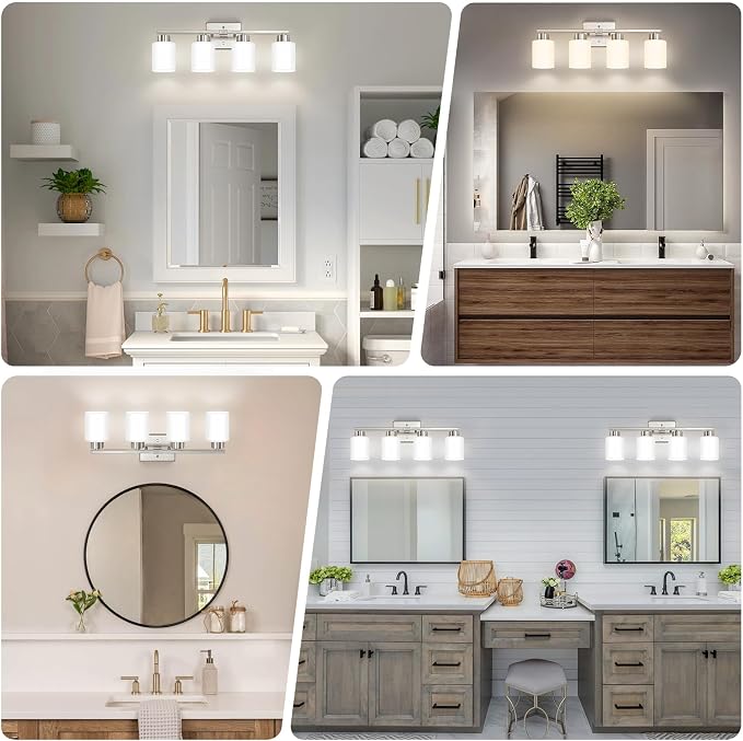 FonmYim Brushed Nickel Bathroom Light Fixtures, 4-Light Modern Vanity Light Over Mirror, Wall Sconces with Milky White Frosted Glass Shades, E26 Socket (Bulbs Not Included)