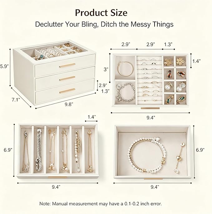 GUOER Jewelry Box for Women, Glass Lid Jewelry Organizer with 3 Drawers PU Jewelry Storage Case for Necklaces Rings Earrings Bracelets, Mother's Day, White