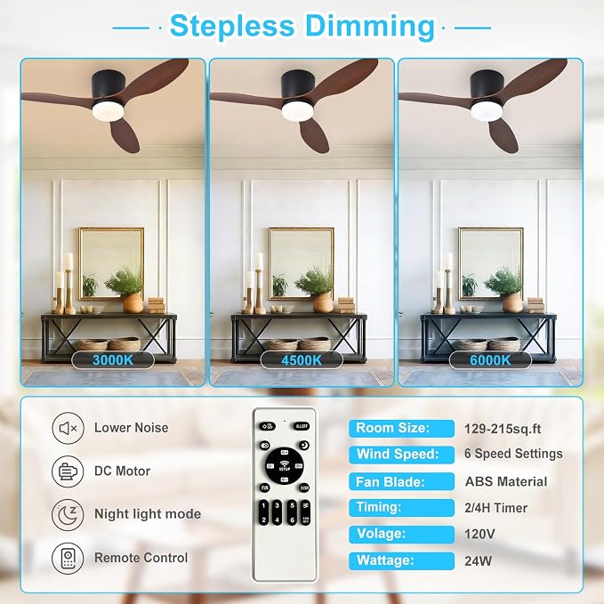Depuley Flush Mount Ceiling Fan: 42-Inch Black Ceiling Fans with Lights for Bedroom Indoor Outdoor - Low Profile Ceiling Fans with Remote Control 24W 3CCT Dimmable 3 Reversible Walnut Blades 6 Speeds