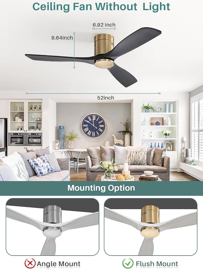 Sofucor 52 Inch Solid Wood Ceiling Fan Without Lights Flush Mount Ceiling Fans with Remote Control-Wood Blades Modern Outdoor Ceiling Fan No Light for Bedroom/Farmhouse/Patio/Indoor, Black Gold