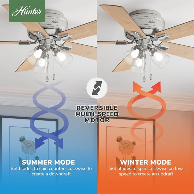 Hunter 52 inch Indoor Ceiling Fan with LED Lights and Pull Chain - Low Profile Flush Mount Ceiling Fan, 5 Blades, For Bedroom, Living Room, or Kitchen, Quiet - Crestfield 54209, Brushed Nickel