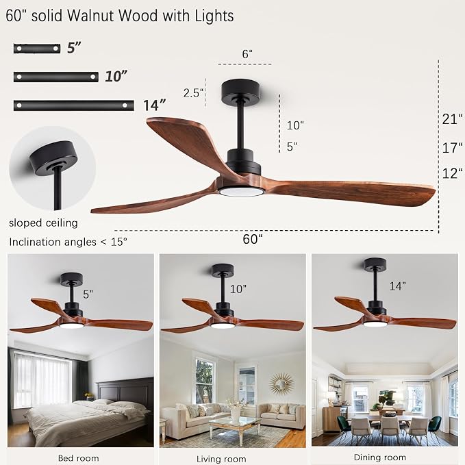 60-inch Quiet Ceiling Fan Light with Remote Control, 3-Blade, Walnut Finish | 3CCT, mobile app, full memory function, suitable for living rooms, dining rooms, bedrooms, offices, balconies, and patios