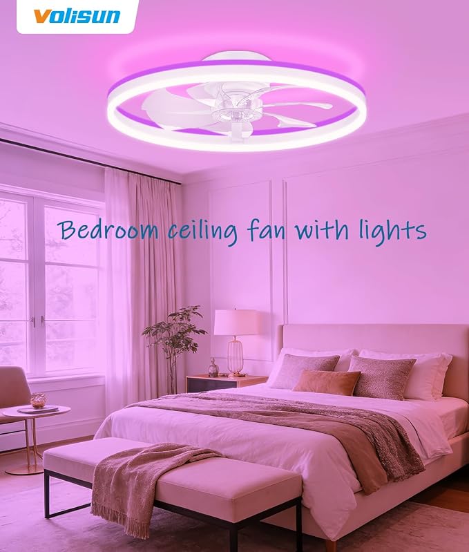 VOLISUN RGB Ceiling Fans with Lights and Remote, 23.6in Low Profile Ceiling Fans with Lights Flush Mount, 3000K-6500K Dimmable Fandelier LED Fan Light, White Bladeless Ceiling Fans for Bedroom