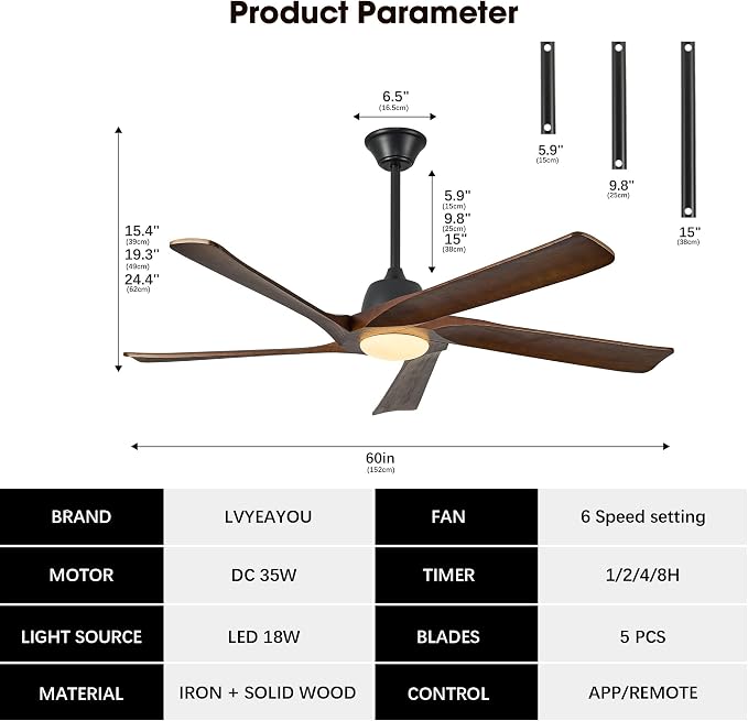 60“ DC Ceiling Fan with Light, Solid Wood Ceiling Fan with Remote and APP Control, 3-color Dimmable, 6-speed Reversible Fans for Bedroom, Living Room, Dark Walnut