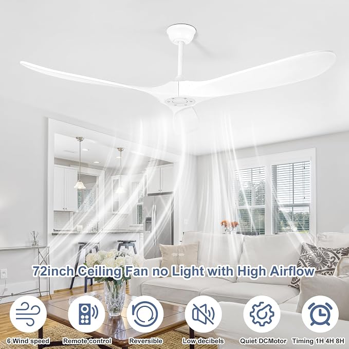 72 Inch Solid Wood Ceiling Fan without Light,3 Real Wood Blades,DC Motor Quiet and Reversible,Outdoor Ceiling Fan for Garage,Patio,Farmhous (white)
