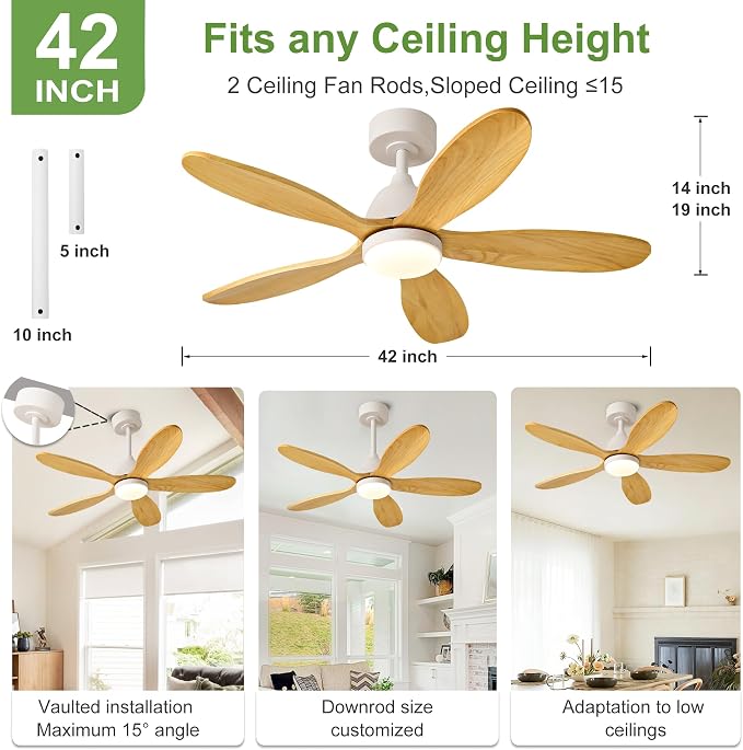 42 Inch Solid Wood Ceiling Fans With Lights, Remote Control, Dimmable, Reversible, Wood Blades, Power-Off Memory, Quiet DC Motor, Indoor/Oudoor Ceiling Fan with Light for Patio,Farmhouse