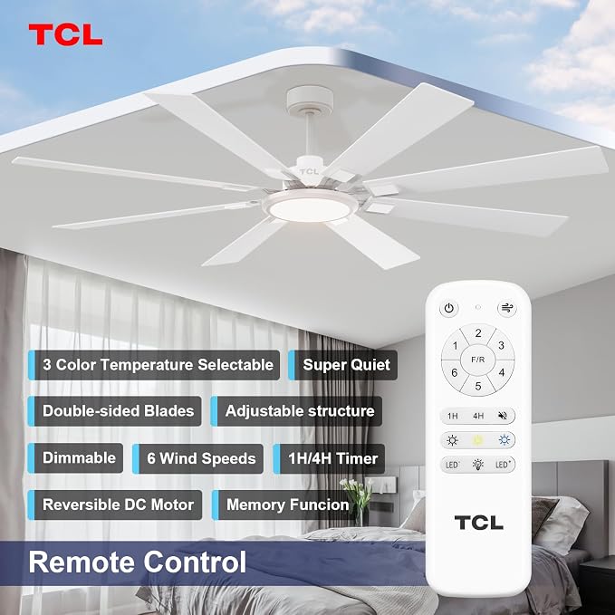 TCL Ceiling Fan with Light and Remote: 72 inch 8 Blades Smart Quiet Fan with Dimmable LED Lights for Bedroom Gazebo Patio Garage Dorm - 6 Speed DC Reversible Modern Fan for Summer and Winter