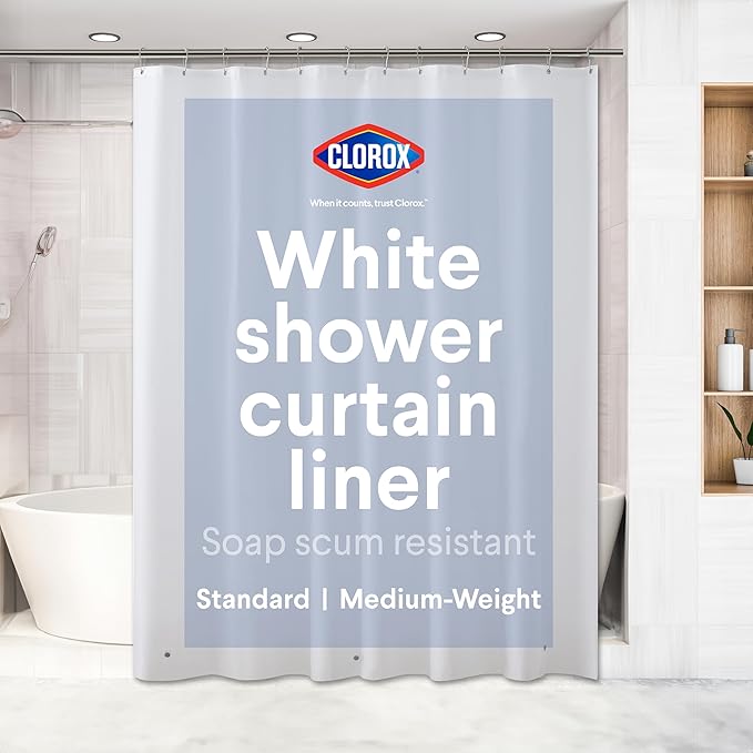 Clorox Shower Curtain Liner, Premium Lightweight Flexible Waterproof 6g PEVA for Bathroom with Weighted Magnets, Standard Size 72" x 72", White 1 Pack