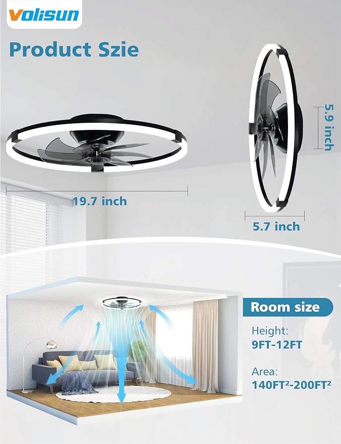 VOLISUN Low Profile Ceiling Fan with Lights and Remote, 19.7in Bladeless Ceiling Fans with Light Flush Mount, Dimmable Modern LED Fan Light, Black Fandelier Ceiling Fans for Bedroom,Living Room