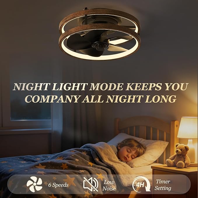 13 Inch Small Ceiling Fan with Light and Remote, Low Profile Flush Mount Fandelier, Dimmable 3CCT Quiet LED Ceiling Fans for Bedroom, Wooden Black