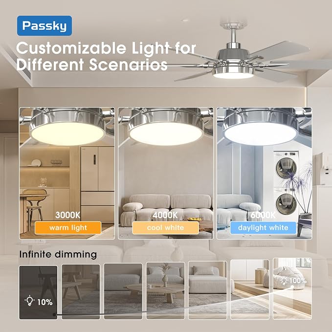 Passky Ceiling Fans with Lights, 52 inch Nickel Ceiling Fan with Light and Remote Control, Reversible, Dimmable, 3CCT, Quiet, Ceiling Fan for Bedroom, Living Room, Indoor/Outdoor Use