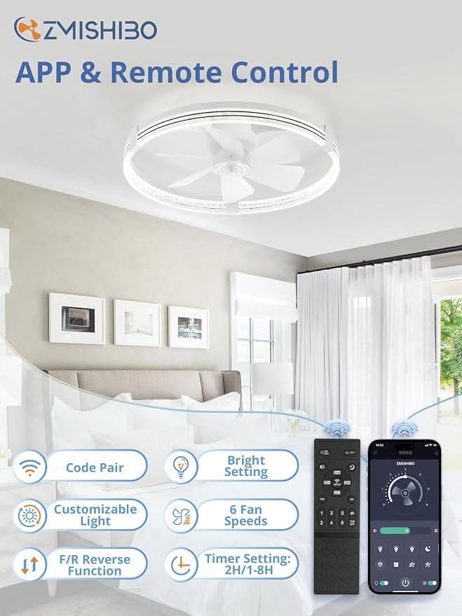 ZMISHIBO Ceiling Fan with Light and remote, 23'' Low Profile Ceiling Fans | Flush Mount Modern Ceiling Fan and Remote Control, 3000K-7000K Dimmable, Modern Fandelier for Bedroom, Living Room