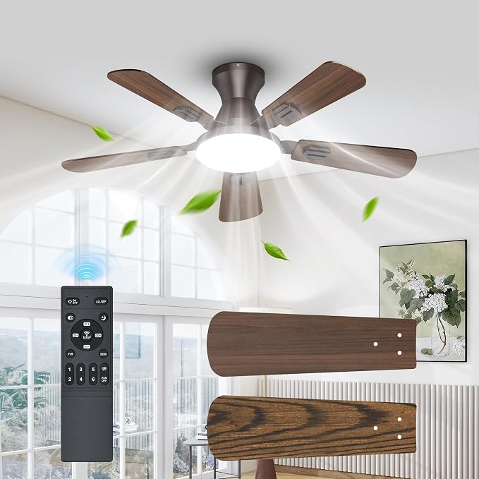 UME 42" Ceiling Fan with Lights & Remote, 6 Blades Low Profile Ceiling Fan, Quiet DC Motor, Natural Wind, 6 Speeds, 3CCT Dimmable 20W LED Modern Ceiling Fan for Bedroom, Living Room, Brown