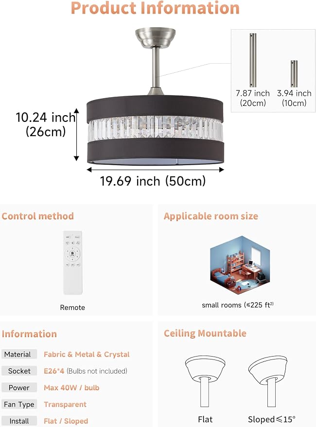 Black and Silver Crystal Fandelier Ceiling Fans with Lights, 20" Farmhouse Rustic Ceiling Fan with Light Remote Control, Caged Mid-Century with 6 Speeds for Bedroom, Nursery, Living Room