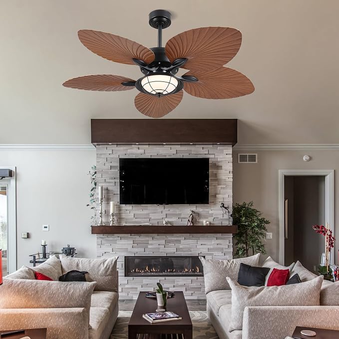 52"Waterproof Outdoor Palm Leaf Ceiling Fans with Lights and Remote/APP | IP44 Wet-rated,Reversible 6 Wind Speeds,Dimmable 3CCT LED,40W Quiet DC Motor,1/4/8H Timer,Suits for Living Room Bedroom Patio