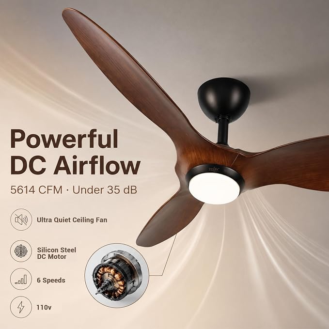 reiga 52" Modern Ceiling Fan with Light, Smart Alexa APP Remote Control | ABS Brown Blades,Metal Fittings,Quiet Energy-Saving DC Motor,6 Wind Speeds Reversible,Dimmable CCT Light,Downrods Included