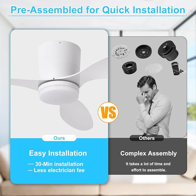 Depuley Flush Mount Ceiling Fan: 42-Inch White Ceiling Fans with Lights for Bedroom Indoor Outdoor - Low Profile Ceiling Fans with Remote Control 24W 3CCT Dimmable 3 Reversible White Blades 6 Speeds