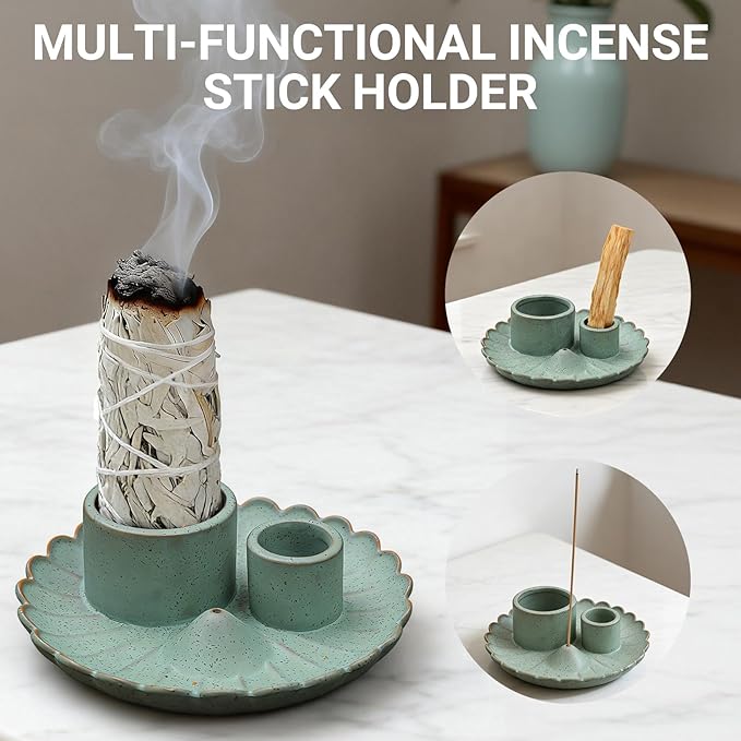 Multifunction Incense and Candle Holder for Burning Sage, Palo Santo, Ceramic Incense Stick Holder for Palo Santo Burner, Sage Holder for Yoga, Meditation, and Energy Cleansing (Green)