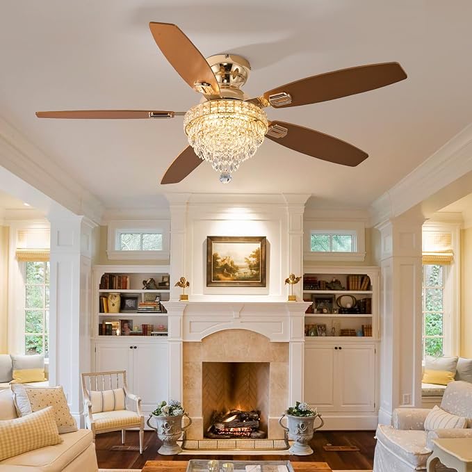 Crystal Ceiling Fan Fandelier with Lights-Ceiling Fans with Lights,54" Low Profile and Remote Control, Flush Mount, Reversible, Dimmable, Noiseless,Gold Ceiling Fan for Bedroom