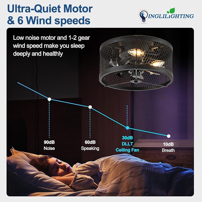 DLLT Caged Ceiling Fans with Light: 13" Small Outdoor Farmhouse Ceiling Fan with Remote App Control - Black Rustic Semi Flush Mount Bladeless Enclosed Fan for Bedroon Kitchen E12 Bulbs Not Included