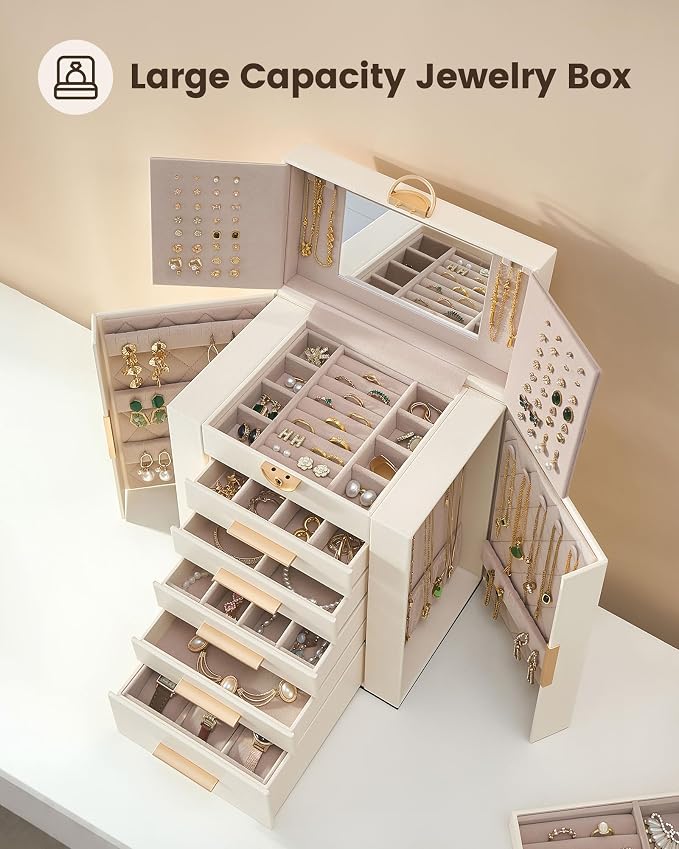 Lolalet Large Jewelry Box Organizer for Women, 6-Layer Jewelry Organizers and Storage Case with Mirror & 5 Drawers, Lockable Watch Ring Earring Bracelet Necklace Holder Girls Gift -6Layer, Beige