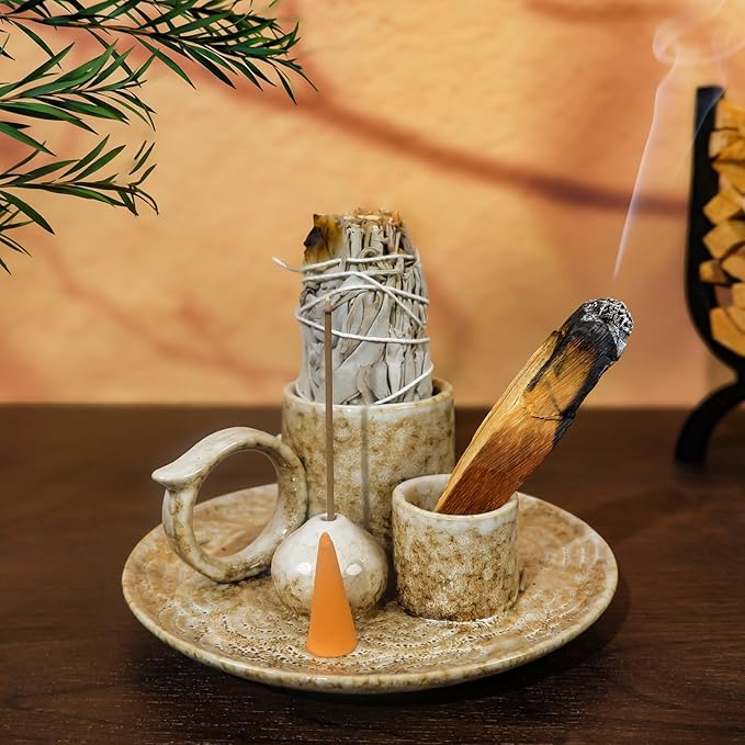 MOUGIGI 5.1Inch 5-in-1 Ceramic Smudge Bowl Brown - Incense Stick Holder, Small Candle Holder, Smudge Bowl/Dish, Fits Palo Santo, Sage.Zen Altar for Meditation/Yoga, Aromatic Scents, Easy to Clean