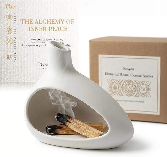 Palo Santo Holder Chimney Ceramic Incense Burner with Deep Ash Catcher - Handmade Chiminea Smudge Bowl for Sage Sticks and Cones - Zen Meditation and Yoga Home Decor
