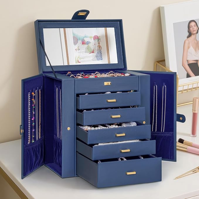 AKOZLIN 6-Tier Jewelry Box Organizer Functional 5 Drawers Leather Jewelry Storage Case for Women Girls Ring Necklace Earring Bracelet Holder Organizer with Mirror Extra Large Blue