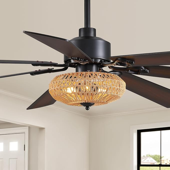 72 Inch Ceiling Fan with Light Indoor Rustic Farmhouse Matte Black 7 Blades APP and Remote Control, Large Boho Fandelier for Living Room Dining Room Bedroom