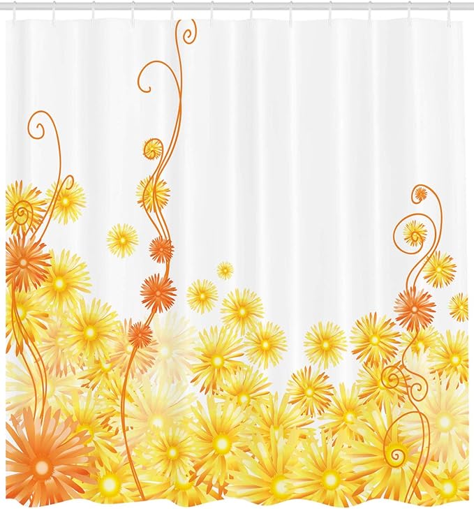 Ambesonne Yellow Shower Curtain, Curling Yellow Gerbera Flowers Botanical Ivy Nature Pattern Illustration, Cloth Fabric Bathroom Decor Set with Hooks, 69" W x 84" L, Yellow Brown