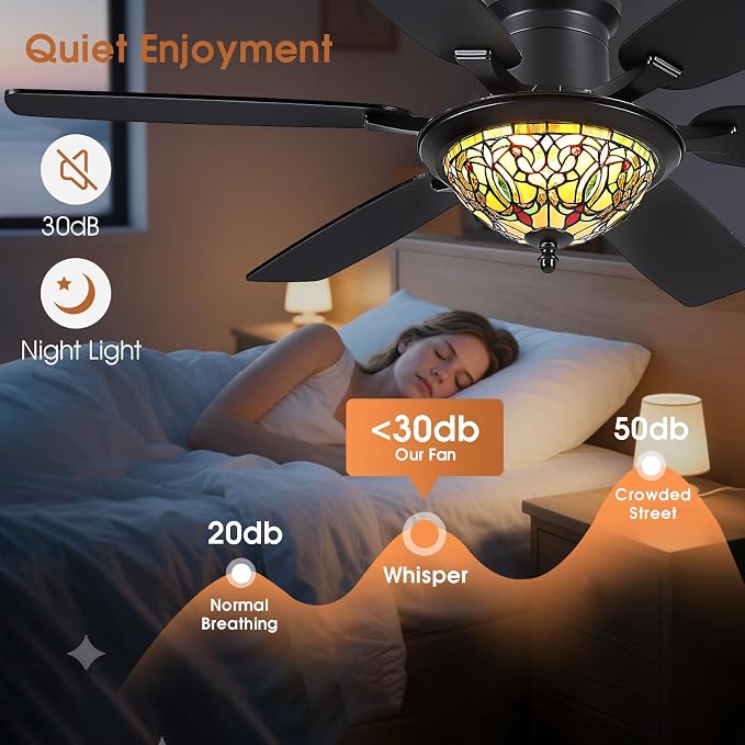 Tiffany Ceiling Fans with Lights - 52" Ceiling Fan Chandelier with Stained Glass Shade, 6 Speeds Reversible 6 Dual-Blades, Flush Mount, 3 CCT Dimmable LED Lights, Remote & APP Control, Farmhouse