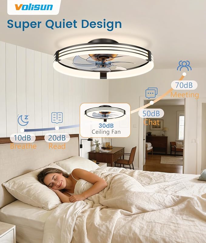 VOLISUN Low Profile Ceiling Fans with Lights and Remote, 20in Flush Mount Ceiling Fan with Light, 3000K-6500K Dimmable Fandelier LED Fan Light, Black Bladeless Ceiling Fans with Lights for Bedroom