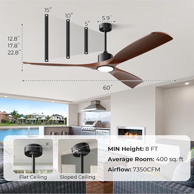 Ceiling Fans with Lights, Ceiling Fans with Lights and Remote, 60 inch Modern Smart Ceiling Fan with Light, Outdoor Ceiling Fans for Patios 3 Blade Bedroom Living Room Porch(Dark Walnut)