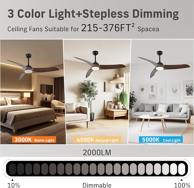 Ceiling Fans with Lights, 56 inch Ceiling Fan with Light and Remote Control, Flush Mount, 3CCT, Dimmable, Quiet Reversible Motor, Black Ceiling Fan for Bedroom Indoor/Outdoor Use