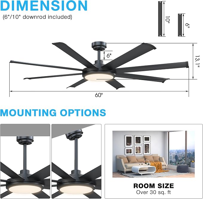 60 inch Black Ceiling Fan with Light and Remote, Industrial Ceiling Fan, Ventilador de Techo, 6 Speed Quiet DC Motor, 8 Blades, Large Ceiling Fans for Garage, Living Room, Home Office