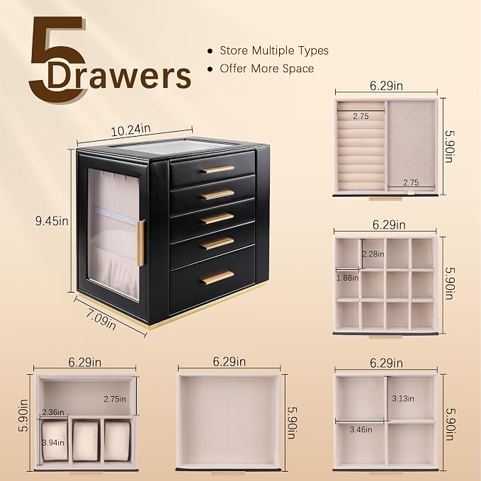 Homeanda Jewelry Box for Women with Glass Lid, 5 Drawers Jewelry Organizer and Storage for Necklaces, Rings, Earrings, Bracelets, Gift for Girls and Teens,PU Leather (Black)