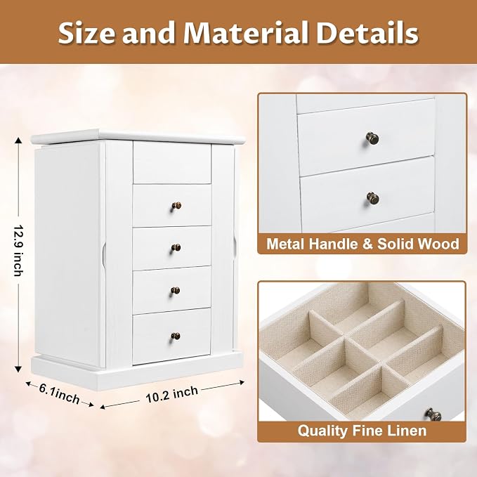 Emfogo Jewelry Box for Women, 5 Layer Large Wood Jewelry Boxes & Organizers for Necklaces Earrings Rings Bracelets, Rustic Jewelry Organizer Box with Rattan, Drawers and Mirror(Vintage White)