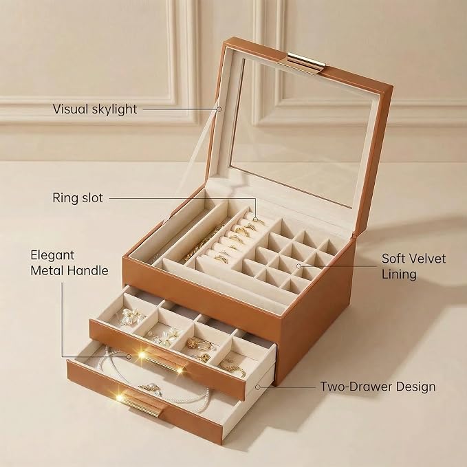 Jewelry Box Organizer with Glass Lid, 3-Layer with Double Drawers, Luxury Velvet Lined Desktop Display Case for Earrings Rings Necklaces, Gift for Women Girls (Brown)