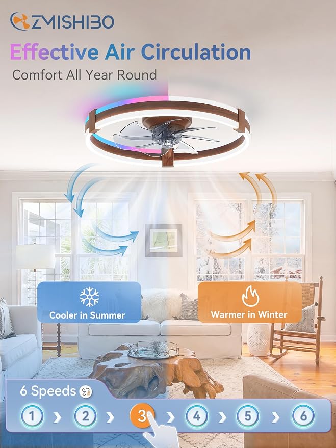 ZMISHIBO RGB Ceiling Fans with Lights and Remote, 20 inch Low Profile Ceiling Fan with Light, 3000K-6000K Dimmable & RGB, Modern Fandelier Flush Mount Ceiling Fan, Small LED Fan for Bedroom,Walnut
